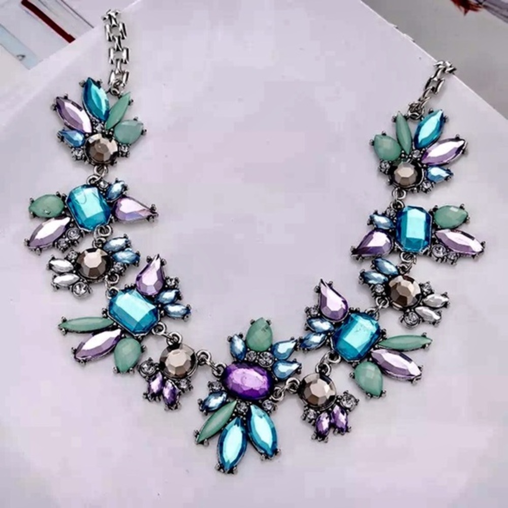 ✨STUNNING‎ STATEMENT CHOKER NECKLACE WITH BLUE & PURPLE STONES SET IN SILVER-NEW
